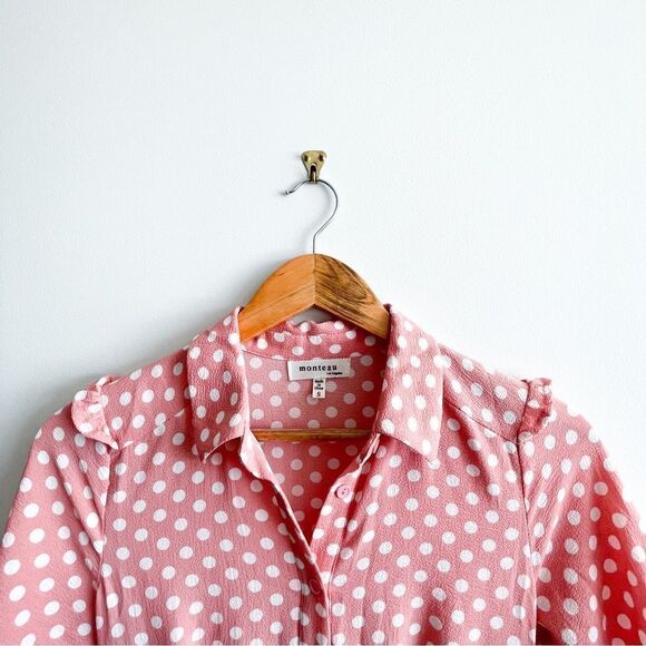 Monteau Dress Pink White Polka Dot Short Sleeved Button Up Fit & Flare Women's S - Picture 4 of 9